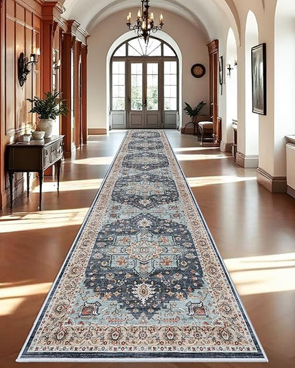 Washable Oriental Hallway Runner Rug - 3x20 Rugs for Living Room Soft Carpet for Bedroom Kitchen Waterproof Floral Distressed Indoor Stain Resistant Non-Shedding Floor Carpets (Blue/Teal/Orange, 3X20)