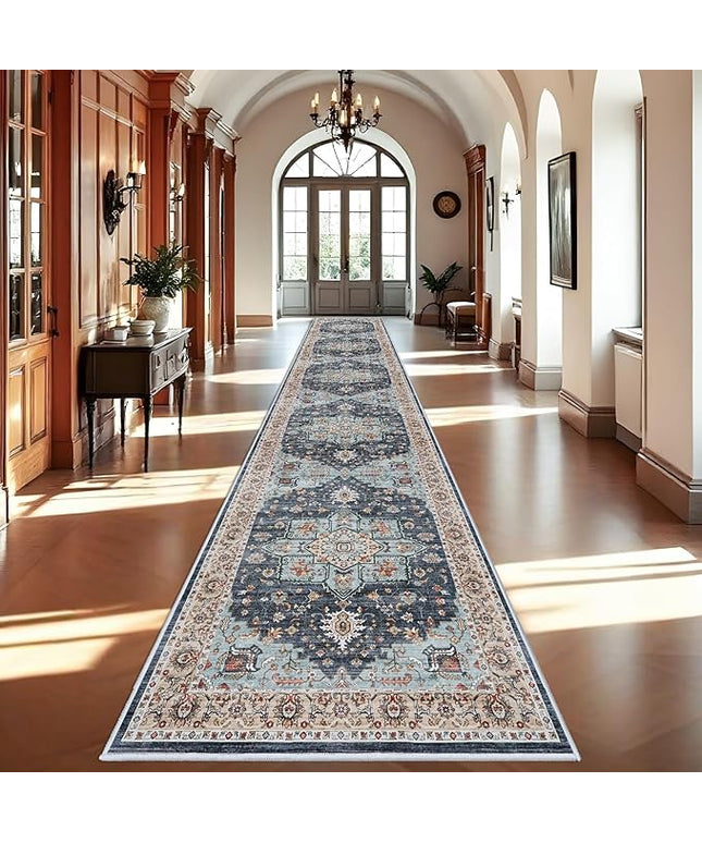 Washable Oriental Hallway Runner Rug - 3x20 Rugs for Living Room Soft Carpet for Bedroom Kitchen Waterproof Floral Distressed Indoor Stain Resistant Non-Shedding Floor Carpets (Blue/Teal/Orange, 3X20)