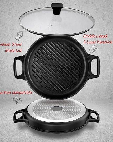 S·KITCHN Cast Aluminum Griddle Pan for Stovetop with Lid - Lighter than Cast Iron Skillet,Round Frying Pans Nonstick Grill Pan Dishwasher & Oven Safe,12IN