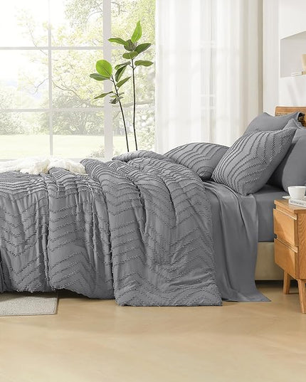 Litanika Queen Size Comforter Set with Sheets Medium Gray - 7 Pieces Bed in a Bag Queen Chevron Tufted Complete Bedding Sets with Comforter, Sheets, Pillowcases & Shams