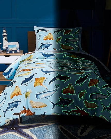Twin Comforter Set for Boys-5 Pieces Ocean Animals Glow in The Dark Twin Bedding Sets for Kids, Ultra Soft Bed in A Bag with Sheets