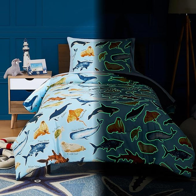 Twin Comforter Set for Boys-5 Pieces Ocean Animals Glow in The Dark Twin Bedding Sets for Kids, Ultra Soft Bed in A Bag with Sheets