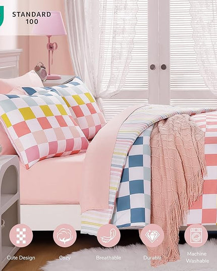 Full Size Comforter Set for Girls-7 Pieces Colorful Check Full Bedding Sets for Kids, Ultra Soft Bed in A Bag with Sheets
