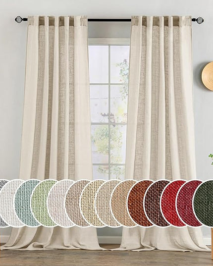 MIULEE Beige Linen Curtains 90 Inch Long 2 Panels for Bedroom Living Room, Soft Linen Textured Window Drapes Semi Sheer Light Filtering Back Tab Rod Pocket Farmhouse Modern Burlap Look Decor