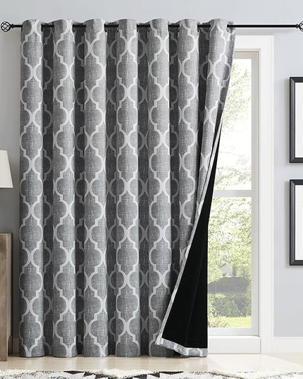 Beauoop 100% Blackout Curtains 96 Inches Long for Patio Sliding Door Grey Extra Wide Moroccan Geo Room Darkening Gray Thermal Soundproof Room Divider Grommet Window Treatment Drapes,100x96 Set of 1