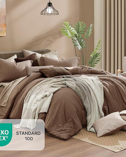 Monbix King Size Comforter Set, Brown King Bedding Set Reversible, King Comforter Set 7 Pieces, Cationic Dyeing Bed in a Bag with Comforter, Sheets, Pillowcases & Shams