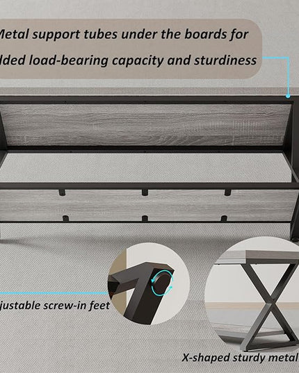 IBF Industrial Wood Entryway Bench, Indoor Farmhouse Hallway Accent Entry Bench for Seating Sitting with Storage, Metal Shoe Rack Grey Bench Organizer in Foyer Bedroom, Light Grey Oak, 47 Inch Long