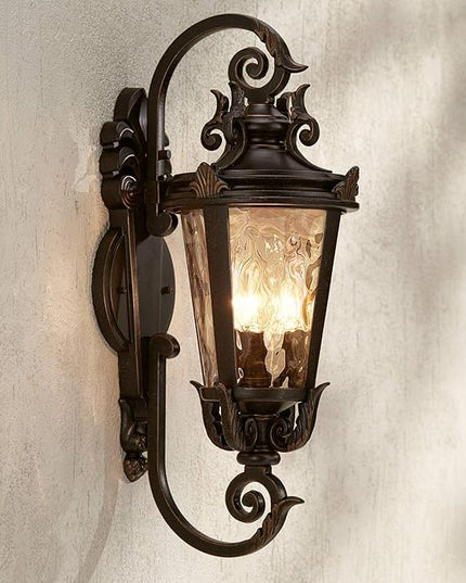 John Timberland Marseille Rustic Industrial Outdoor Wall Light Fixture Veranda Bronze Scroll 21 1/2" Champagne Hammered Glass for Exterior House Porch Patio Outside Deck Garage Front Door Home