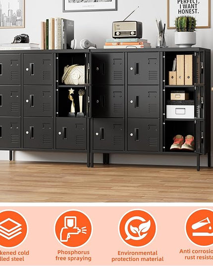 Aobabo 9 Doors Metal Storage Locker for Employees, Steel Storage Locker with Lock and Card Slot, for Home, Office, School, Gym, Require Assembly, Black