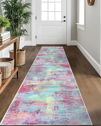 IOHOUZE Abstract Runner Rug 2x10 Ft Washable Runners for Hallways, Non Slip Kitchen Runner Printed Faux Wool Entryway Runner Indoor, Modern Abstract Floor Carpet for Hall Kitchen, Pink Teal