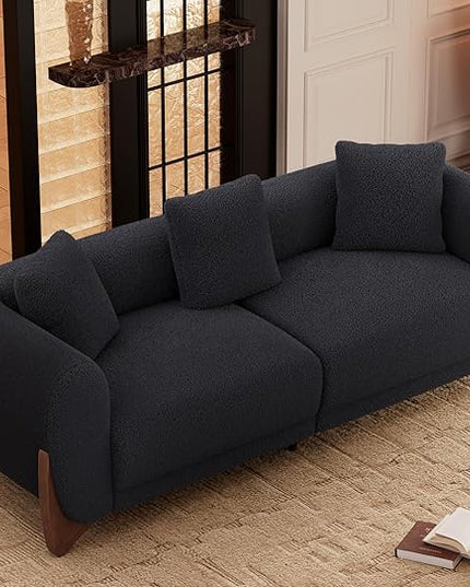 Morden Fort Modern Cloud Couch - 3 Seater Sherpa Boucle Sofa with Wood Legs, Ultra-Thick High Resilience Cushion with 3 Matching Pillows Upholstered Comfy Couch Sofa for Living Room - Black