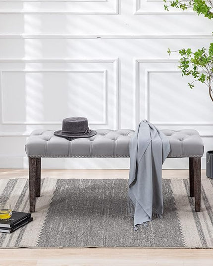 KCC Button-Tufted Ottoman Bench, Upholstered Bedroom Benches Velvet Footrest Stool Accent Bench for Entryway Dining Room Living Room Bedroom End of Bed, Gray