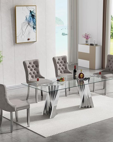 5 Piece Glass Dining Table Set,70" Dinner Room Glass Table Set for 4,Modern Kitchen Dinner Table Set with Stainless Steel Base and 4 Upholstered Velvet Dining Chairs for Living Dining Room