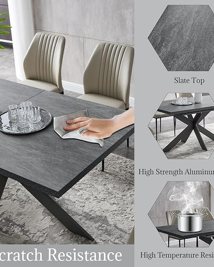 ZckyCine 6-8 People Modern Rectangular Kitchen Dining Table Extendable Dining Table Set for 6, 63–79 inch, Space-Saving Gray Table with 6 White PU Leather Cushioned Chairs, Metal Frame, Easy Assembly
