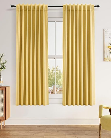 Guken Blackout Curtains 63 Inch Length 2 Panels Set for Living Room Bedroom Back Tab Thermal Insulated 100% Black Out Linen Drapes Room Darkening Window Curtains 63 Inches Long,Gold Yellow