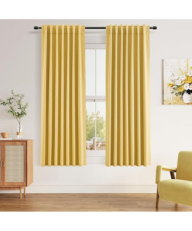Guken Blackout Curtains 63 Inch Length 2 Panels Set for Living Room Bedroom Back Tab Thermal Insulated 100% Black Out Linen Drapes Room Darkening Window Curtains 63 Inches Long,Gold Yellow