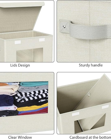 Univivi Fabric Foldable Storage Boxes with Lids [4-Pack] Collapsible Storage Bins for Clothes Closet Organizers with Handles Storage Cube Basket for Home, Office, Bedroom (Beige, 17"" x 12"" x 12"")