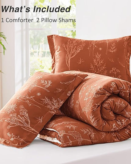 Love's cabin Terracotta Comforter Set Queen - Queen Size Comforter Set, 3 Pieces Cute Floral Bedding Sets for All Seasons,1 Soft Reversible Botanical Flowers Comforter and 2 Pillow Shams