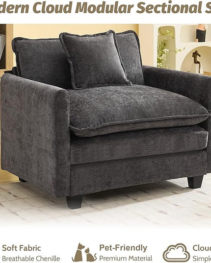 41'' Modern Chenille Oversized Chair, Upholstered Accent Living Room Chair with Extra Thicked Deep Seat, Single Lounge Chair for Bedroom, Small Apartment, Dark Grey