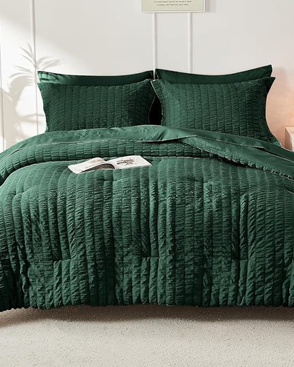 HYMOKEGE Emerald Green King Size Comforter Set Seersucker 7 Pieces, All Season Luxury Bed in a Bag for Bedroom, Bedding Set with Comforter, Sheets, Pillowcases & Shams