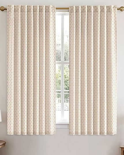 MIULEE Decorative Back Tab Linen Curtains with Geometric Pattern for Living Room Bedroom Farmhouse Rustic Thick Woven Textured Patterned Mudcloth Drapes 63 Inch Length 2 Panels Set, Beige