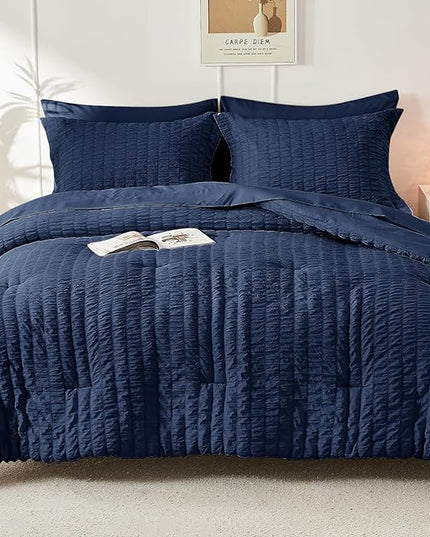 HYMOKEGE Navy Blue Full Size Comforter Sets Seersucker 7 Pieces, All Season Luxury Bed in a Bag for Bedroom, Bedding Set with Comforters, Sheets, Pillowcases & Shams