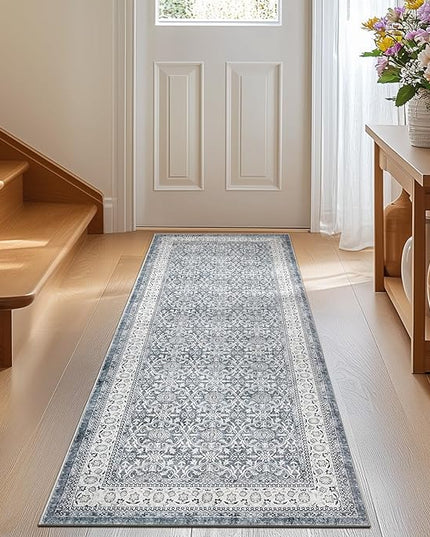jinchan Runner Rug 2x6 - Machine Washable Grey Vintage Floral Distressed Design Soft Non-Slip Low-Pile Ultra-Thin Runner Rug for Kitchen Hallway Laundry Room Entryway Farmhouse (2‘x6', Grey)