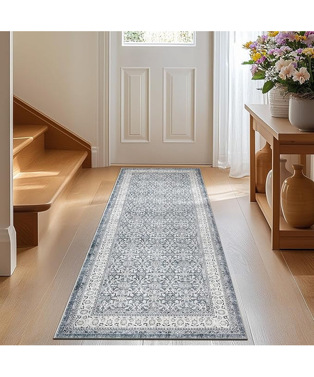 jinchan Runner Rug 2x6 - Machine Washable Grey Vintage Floral Distressed Design Soft Non-Slip Low-Pile Ultra-Thin Runner Rug for Kitchen Hallway Laundry Room Entryway Farmhouse (2‘x6', Grey)