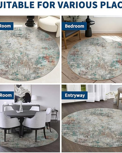 Modern Abstract 8x8 Round Area Rug Non Slip Non Shedding Rug Low Pile Stain Resistant for Bedroom Living Room Office Dining Room,Colorful