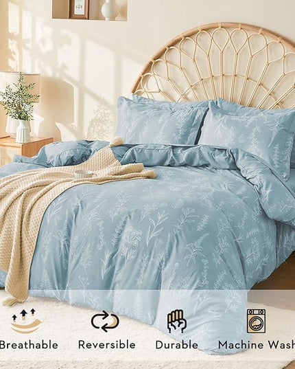 MUXHOMO Mineral Blue Full Comforter Set, Elegant Floral Print Bed in a Bag 7 Pieces, Ultra Soft & Breathable Reversible Botanical Pattern Bedding Set with Comforter, Sheets, Pillowcases, and Shams