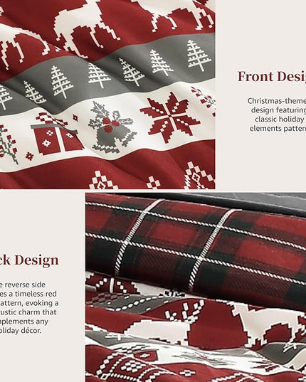 MaiRêve Christmas Full Comforter Sets, Red Reindeer Snowflake Bed Set for Holiday, Reversible Plaid Checkered Comforter Bed in a Bag, Soft Bedding Set 7 Pieces with Sheets, Pillowcases & Shams