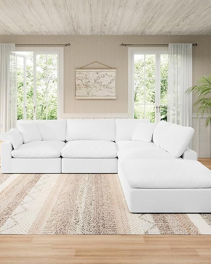 Modular Sectional Sofa Cloud Couch,Down Filled Comfy Cloud Modern Sofa,White Linen Oversized Couch Cushion Covers Removable for Living Room(3 Seater)