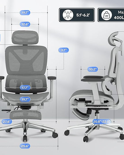 FLEXISPOT ErgoX Premium Ergonomic Office Chair with Footrest- Adjustable 3D Armrests, Dynamic Lumbar Support, Recline & Tilt Function, Mesh Seat, for Home & Office Use,Light Grey
