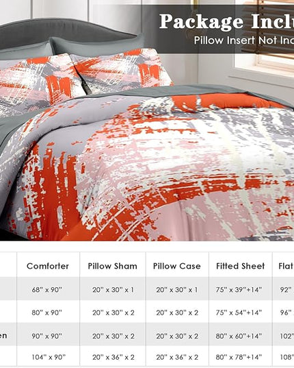 Comforter Set Twin Size, Urban Graffiti Orange Grey 5 Pcs Bedding for Kids and Adults, Abstract Paint Line Bed Sheet Sets with Fitted Sheet Pillowcase & Sham for Bedroom Bed Decor