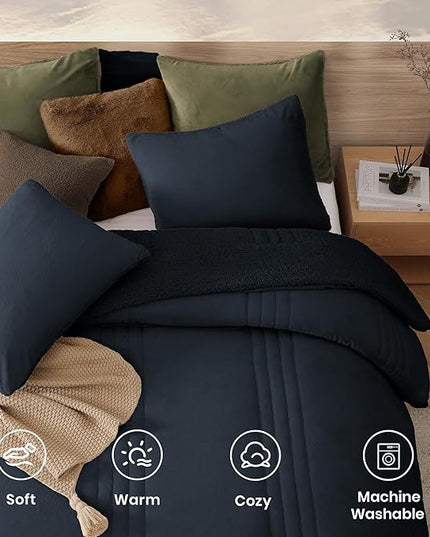 Monbix Fluffy King Size Comforter Set Navy Blue, Sherpa Plush Fuzzy Comforter 3 Piece for King Size Bed, Luxury Soft Winter Warm Bedding Set