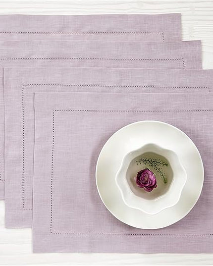 Solino Home Linen Placemats Set of 4 - Classic Hemstitch Lilac Placemats 14 x 19 Inch - 100% Pure Linen Table Mats