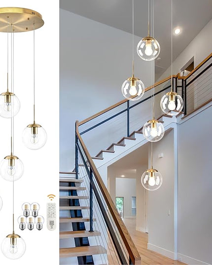 KoKo&Yukina 5-Light Globe Glass Pendant Light Adjustable Length Pendant Lights Modern Gold Clear Globe Glass Chandelier High Ceiling Lights Fixtures for Foyer Staircase Entryway (Bulb & Remote Incl.)