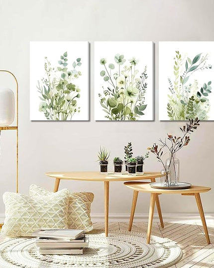 Boho Floral Canvas Wall Art Set of 3, Sage Green Wildflower Botanical Wall Decor Painting, Minimalist Watercolor Flowers Posters Prints for Bedroom Bathroom Living Room 12x16 In Framed