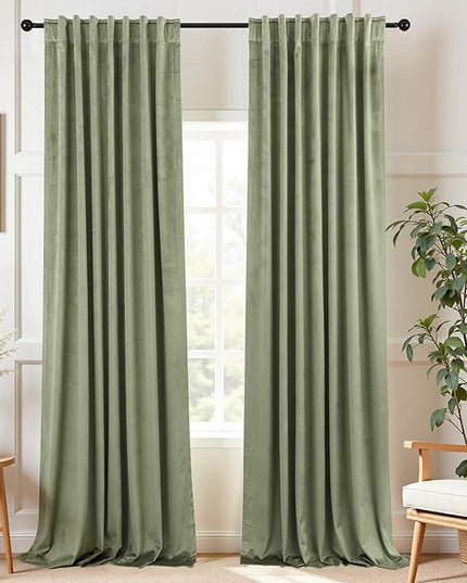 KOUFALL Sage Green Back Tab Velvet Curtains for Living Room 52x108 Inches Long 2 Panels