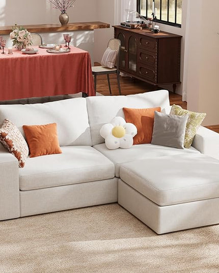 ABCASA L Shaped Sofa Couch with Wide Armrest for Living Room,Removable Cushion Cover, Modern Premium Linen 3 Seater Sofas for Small Space, Office, Apartment, Ivory