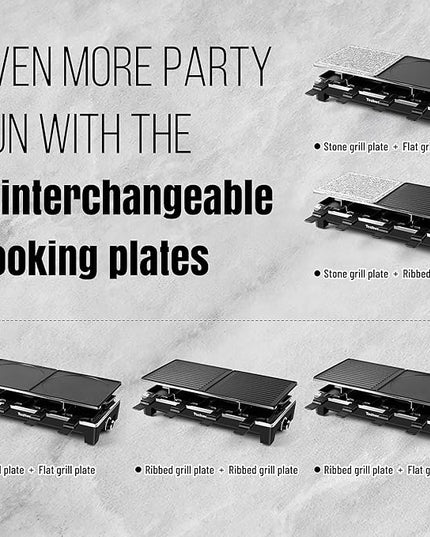 Raclette Grill, Techwood Electric Indoor Grill with 2 Reversible Non-stick Grill Griddle Plates, 1 Stone Grill Plate, 1500W Fast Heating with 8 Cheese Pans, Ideal for Parties and Family Fun, Black