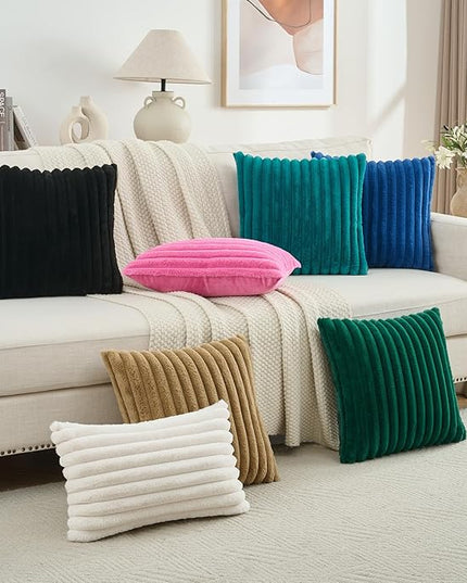 FUTEI Cream Throw Pillow Covers Set of 2, 12x20 Inch Striped Texture Lumbar Pillow Cases with Soft Faux Rabbit Fur Front & Velvet Back, Modern Decorative Couch Pillows for Living Room