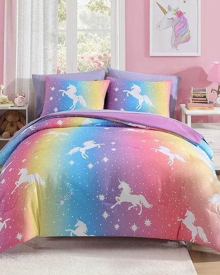 Twin Comforter Set for Girls-5 Pieces Rainbow Unicorn Twin Bedding Sets for Kids, Ultra Soft Bed in A Bag with Sheets