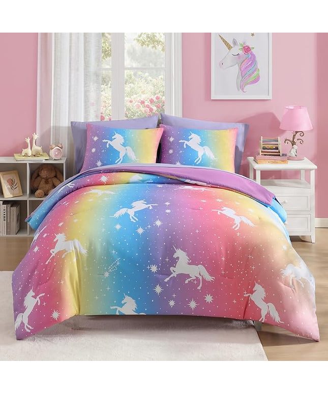 Twin Comforter Set for Girls-5 Pieces Rainbow Unicorn Twin Bedding Sets for Kids, Ultra Soft Bed in A Bag with Sheets