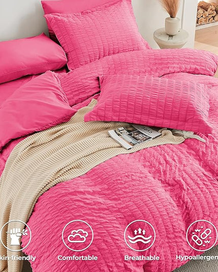 HYMOKEGE Hot Pink Twin Comforter Set Seersucker 5 Pieces, All Season Luxury Bed in a Bag for Bedroom, Bedding Set with Comforter, Sheets, Pillowcase & Sham