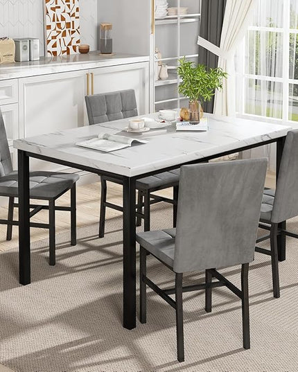 Hooseng Dining Room Table Set 5 Piece Dining Table Set Marble Dining Table 4 Chair Dining Table Set for Kitchen Living Room Breakfast Small Spaces (White & Grey)