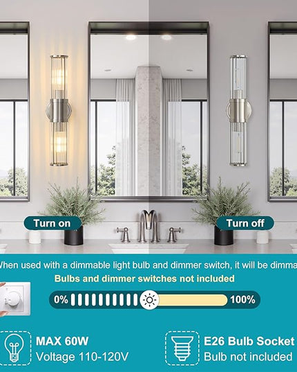 Brushed Nickel Wall Sconce Bathroom Vanity Light Fixtures for Mirror, Modern Wall Light with Glass Rod Shade for Bathroom, Bedroom, Hallway, Living Room - Bulb Not Included