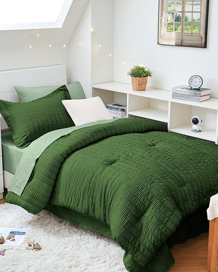HYMOKEGE Dark Green/Sage Green Twin XL Comforter Set Seersucker 5 Pieces, All Season Luxury Bed in a Bag for Bedroom, Bedding Set with Comforter, Sheets, Pillowcase & Sham