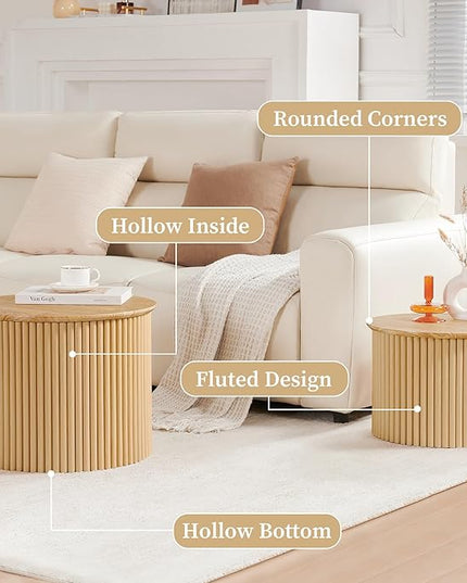 Fluted Round Nesting Coffee Table Set of 2, Small Coffee Table Circle Side Table, Boho Modern Wood Nesting Table Farmhouse End Tables Set for Living Room, Bedroom, Small Spaces(Natural)