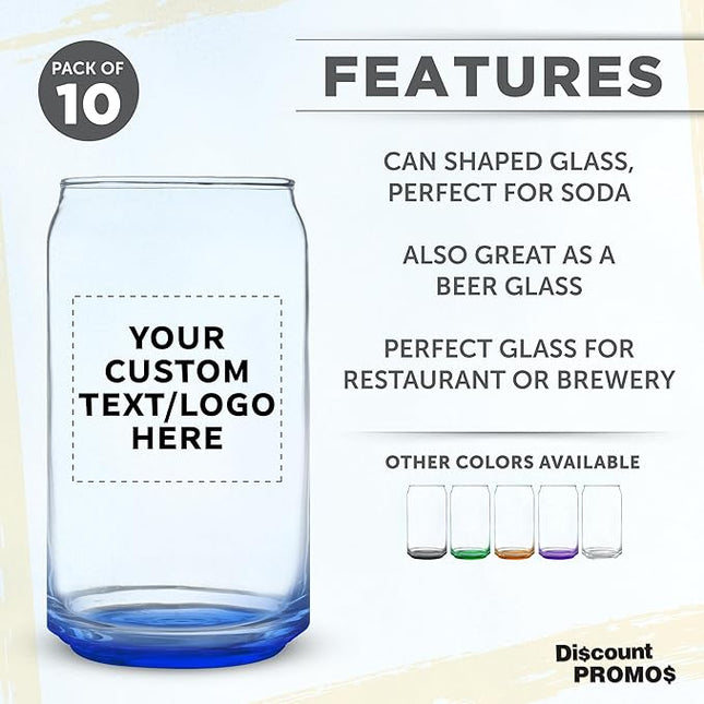 Custom Beer Can Glasses Set of 10, 16 oz. Pint Sized, Promotional Text, Logo, Soda Can Shape, Glassware, Blue
